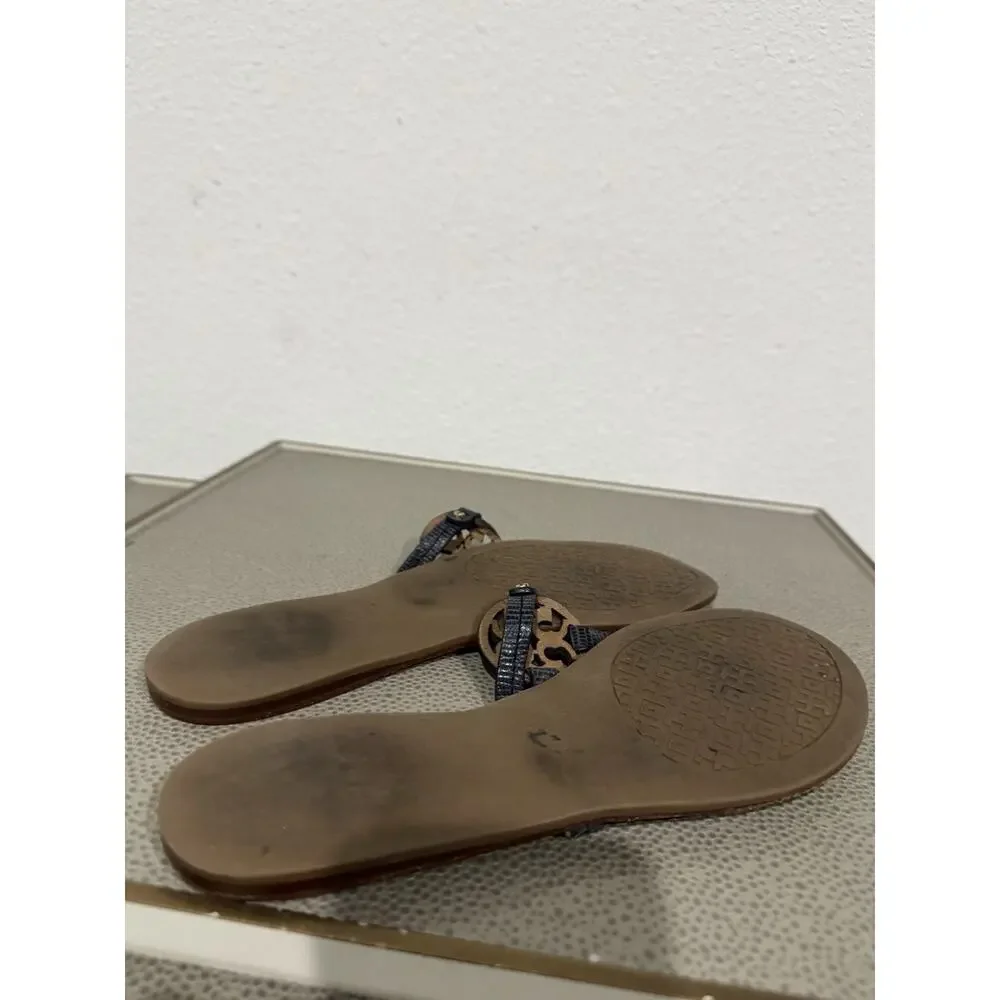 Tory Burch Women's Gabriel Veg Leather Flat Thong Perfect Blue Sz 7 M